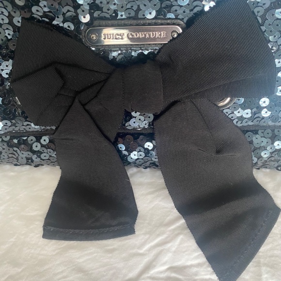 Juicy Couture Regal Black Blue Indigo Sequin Clutch Purse with Bow - Picture 3 of 5